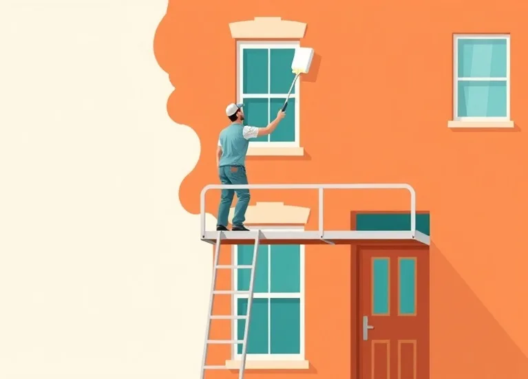Peintre sur échafaudage traitant la façade d'une maison