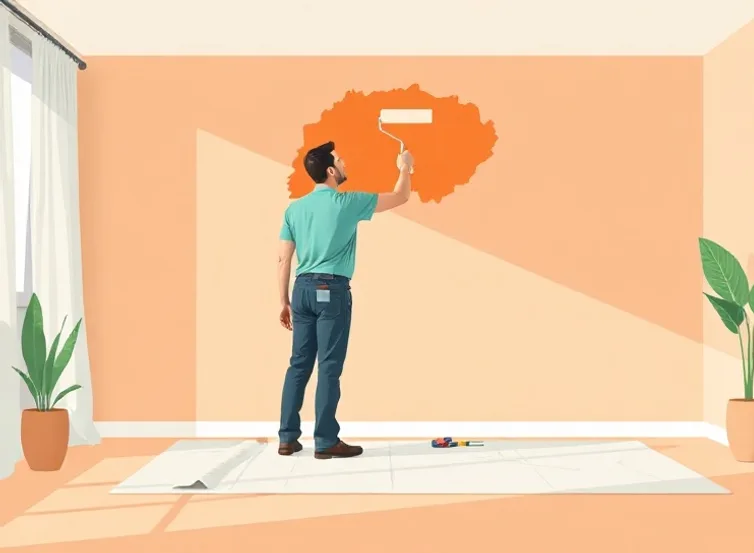 Peintre appliquant la peinture au rouleau sur un mur de salon
